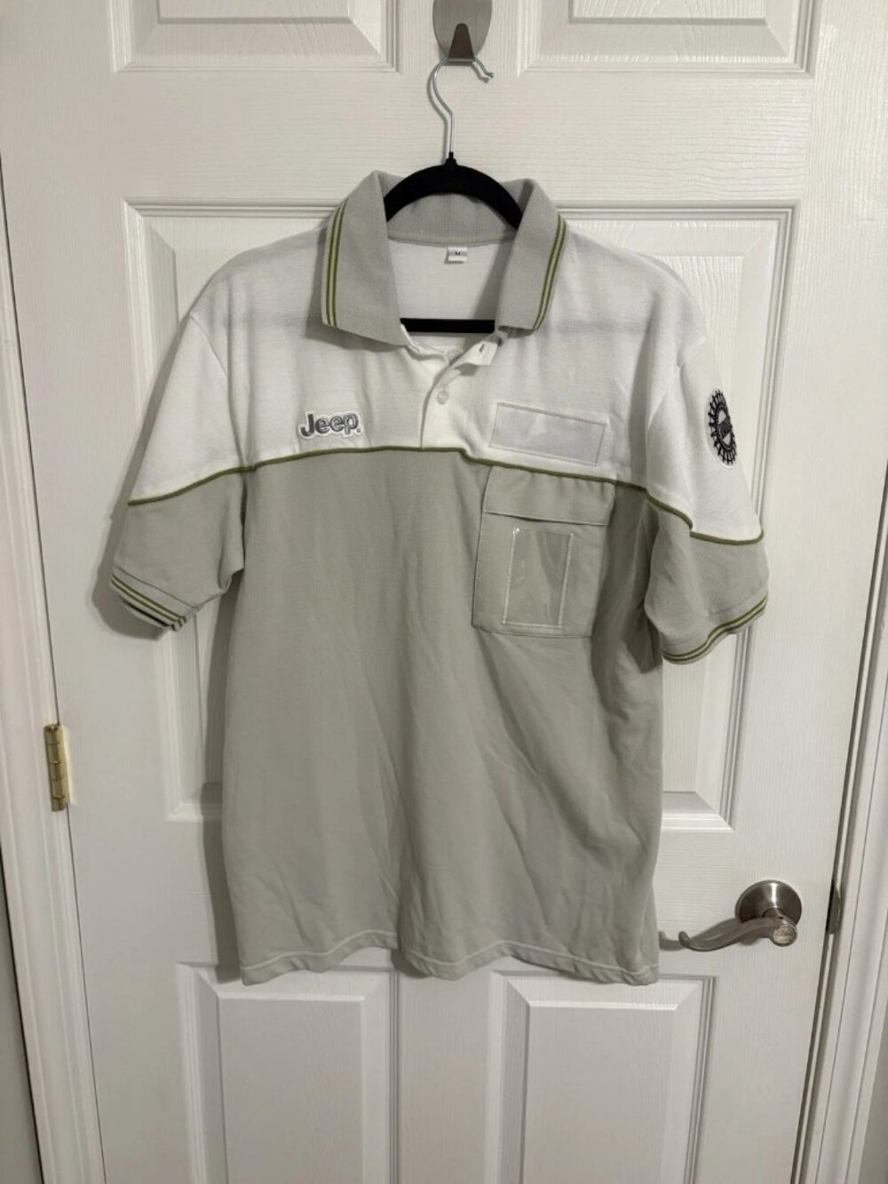 UAW Jeep Polo Shirt Men's M Made in USA Gray Green Colorblock Short Sleeve